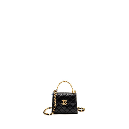 Chanel Detailed Top Handle Lambskin GHW Microchip Black Clutch Bag