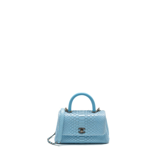 Chanel Coco Handle Python Light Ruthenium Hardware Blue Small Handbag