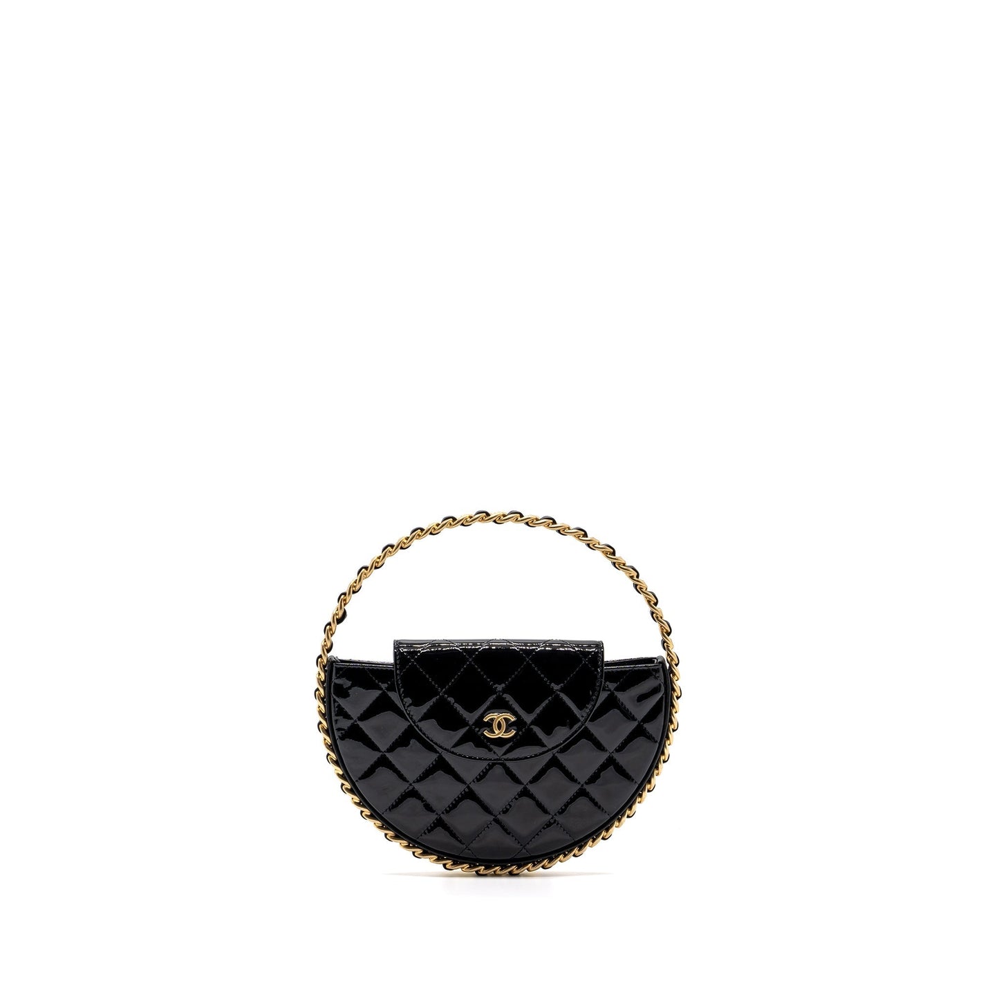 Chanel 23K hoop patent GHW microchip Black Leather Handbag