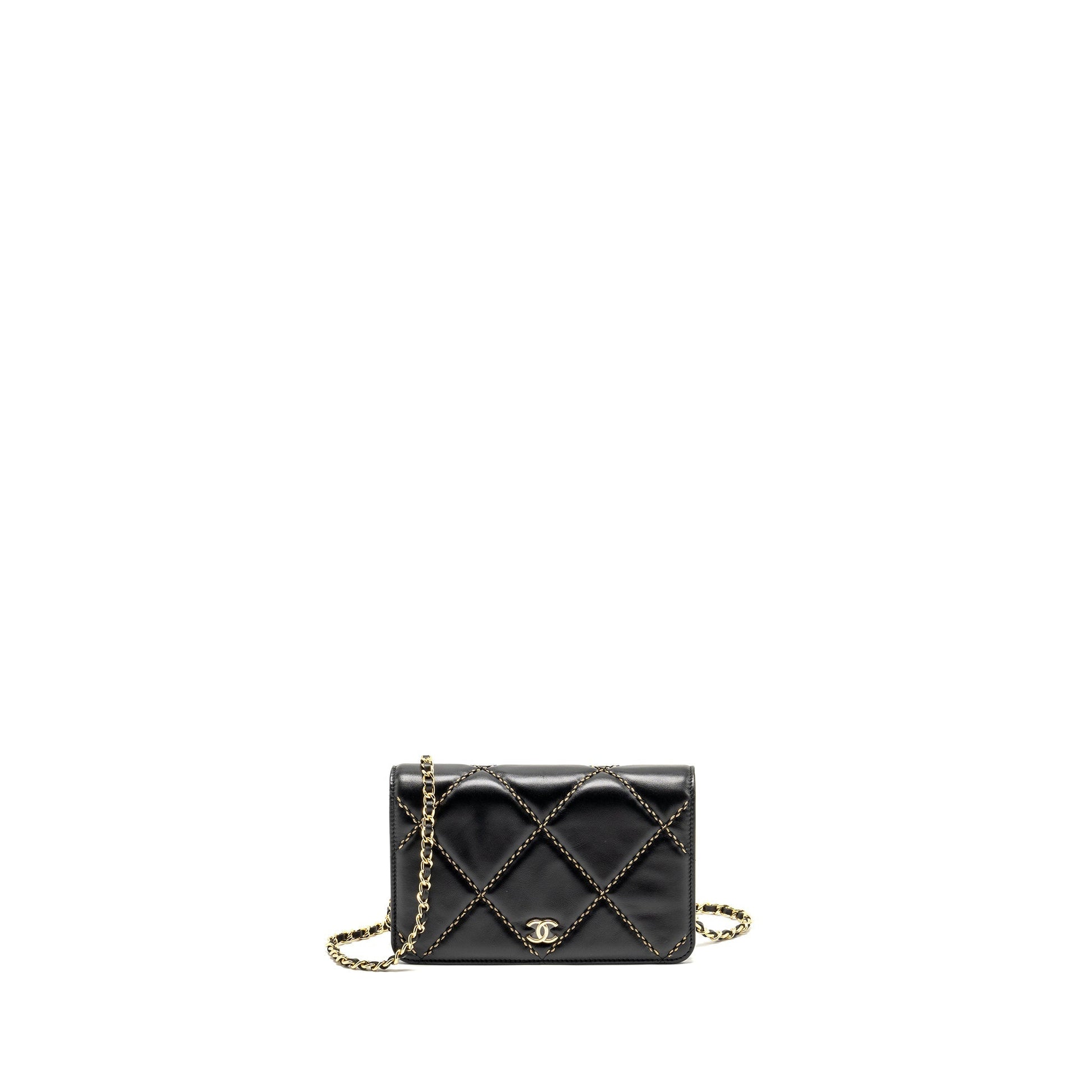 Chanel Quilted on Shiny Calfskin GHW microchip Black Wallet Case Ghw Microchip