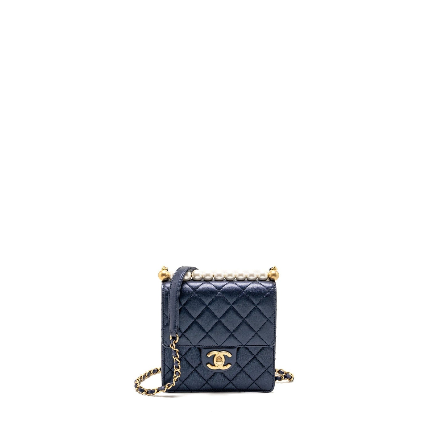 Chanel pearl decorated quilted flap lambskin navy Shoulder Bag