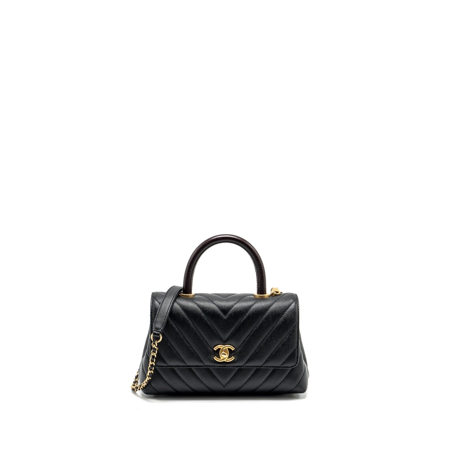 Chanel Coco Handle Chevron Caviar Lizard Embossed Black Small Handbag