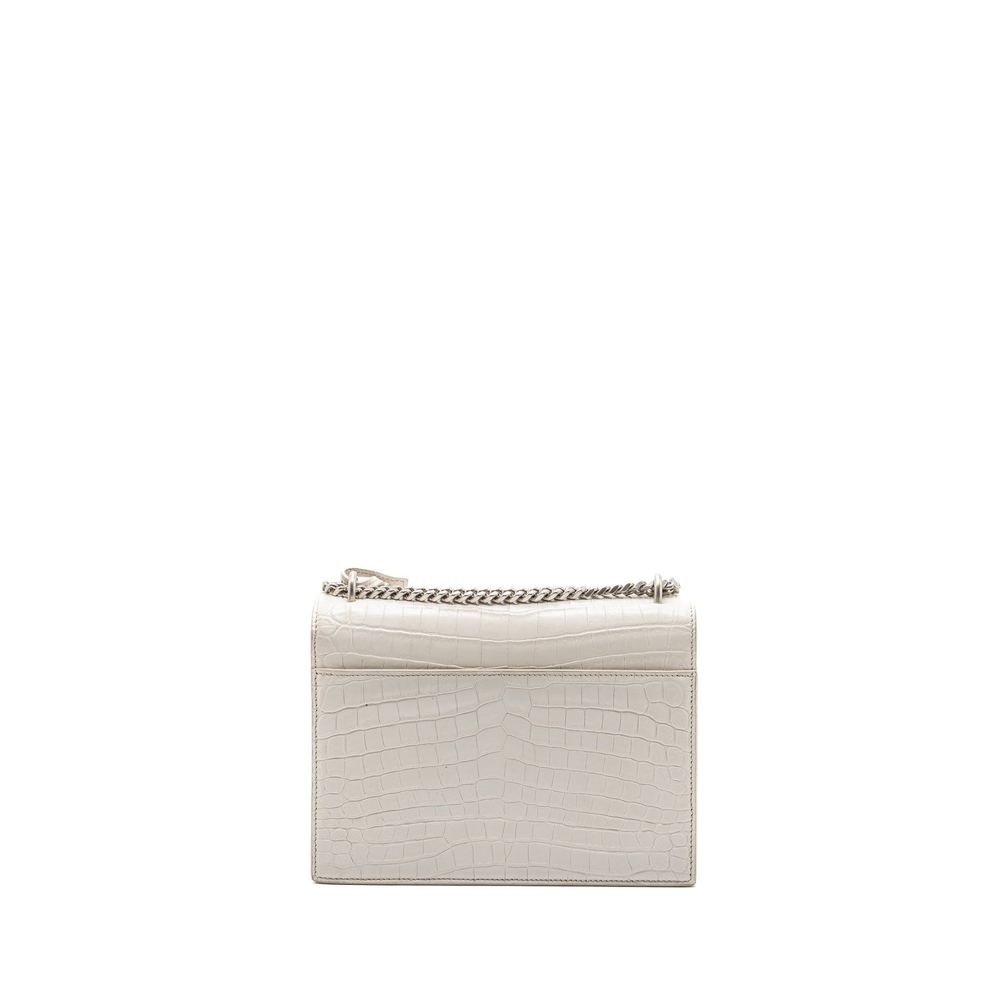 YSL Saint Laurent Sunset Purse Crocodile Embossed Travel Bag White