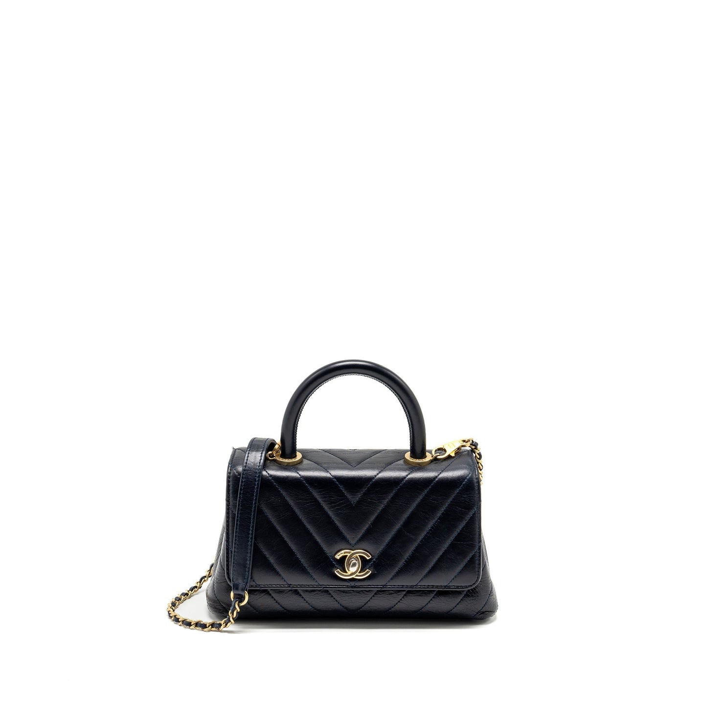 Chanel Coco Handle Chevron Calfskin Dark GHW Blue Small Handbag