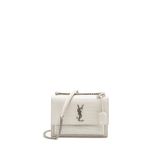 YSL Saint Laurent Sunset Purse Crocodile Embossed Travel Bag White
