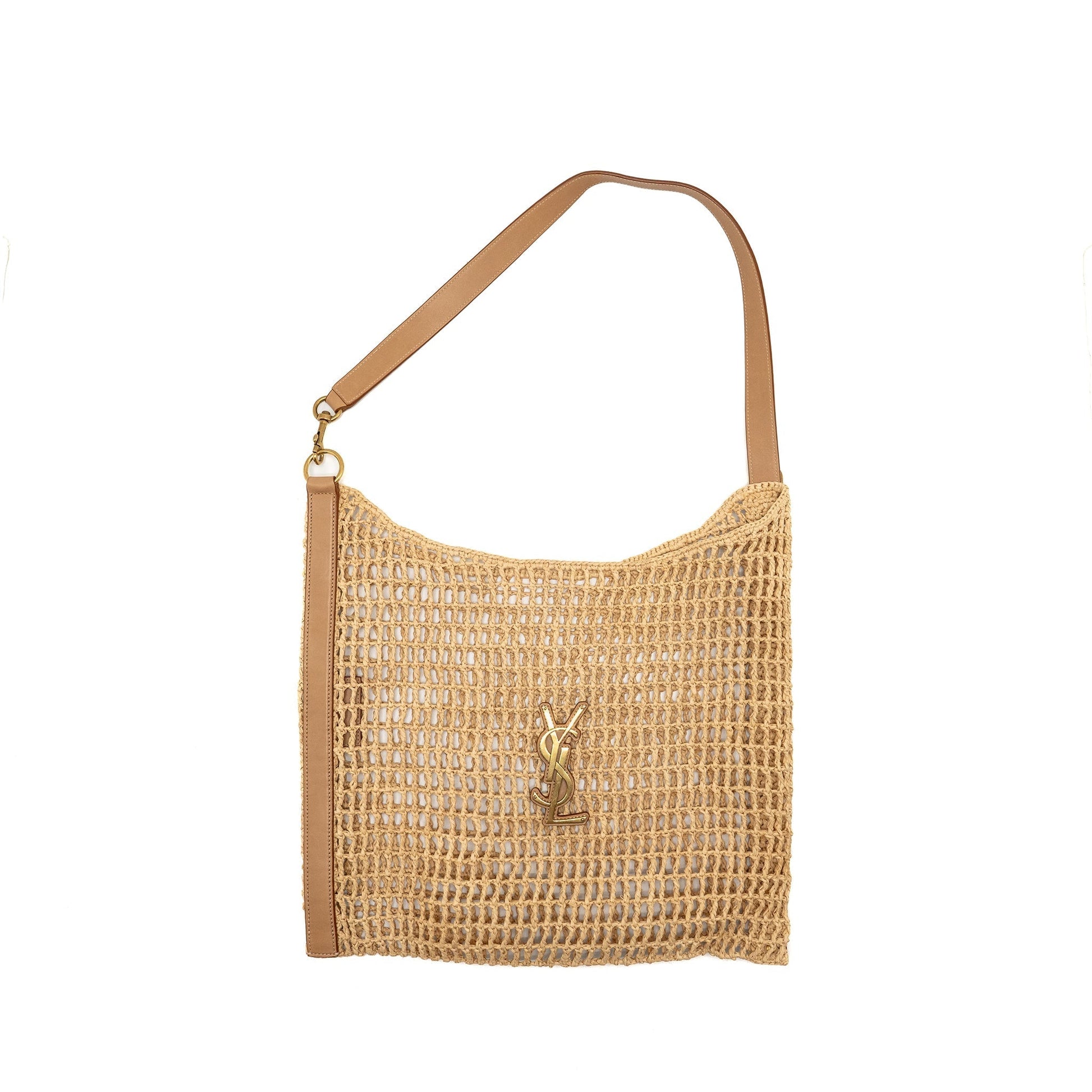 YSL Saint Laurent Oxalis Crochet Purse Riffia Shoulder Bag Leather Beige