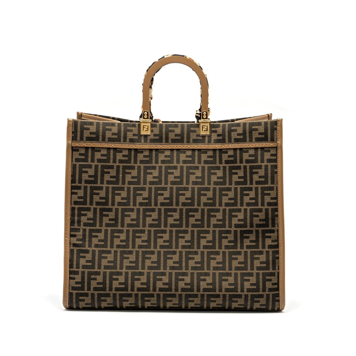 Fendi Sunshine Tote Shopper Jacquard Fabric Brown Large Tote Bag