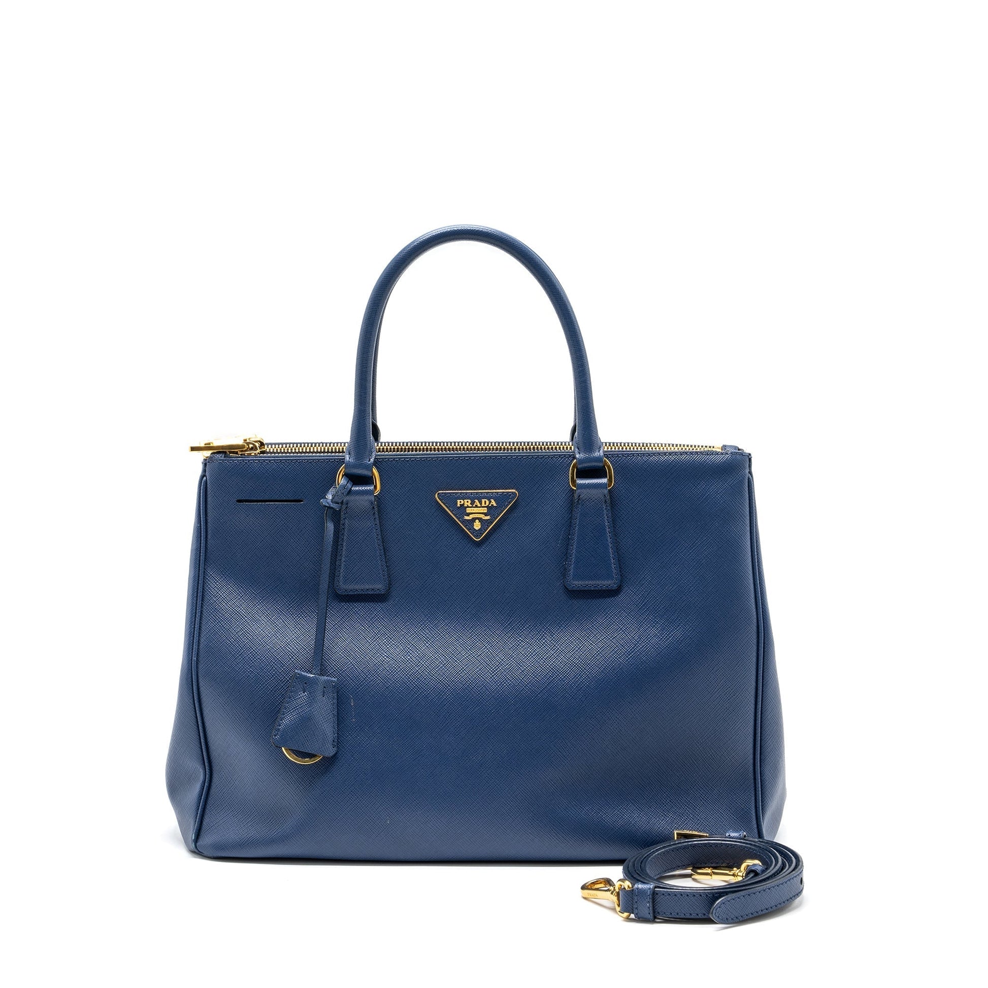 Prada Double Zip Tote Purse Saffiano Calfskin Handbag Blue Tote Bag