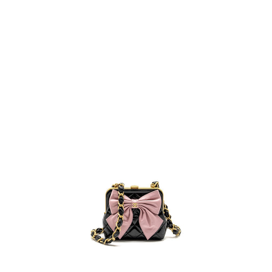 Chanel 24A Bowknot Patent Crumpled lambskin Shiny Black Pink Clutch Bag
