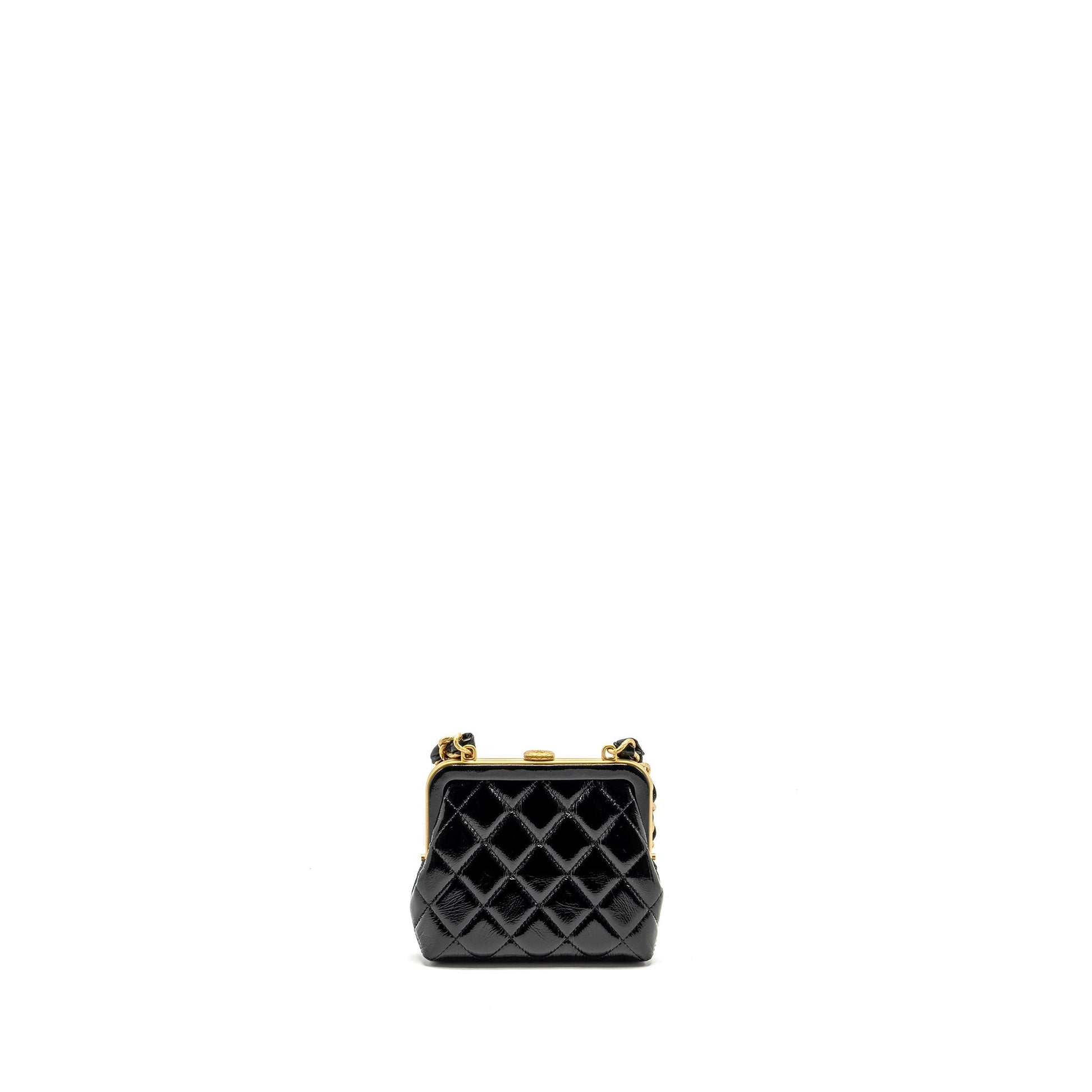 Chanel 24A Bowknot Patent Crumpled lambskin Shiny Black Pink Clutch Bag