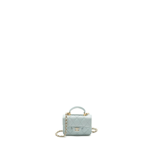 Chanel Top Handle Flap Lambskin Light LGHW Blue Clutch Bag