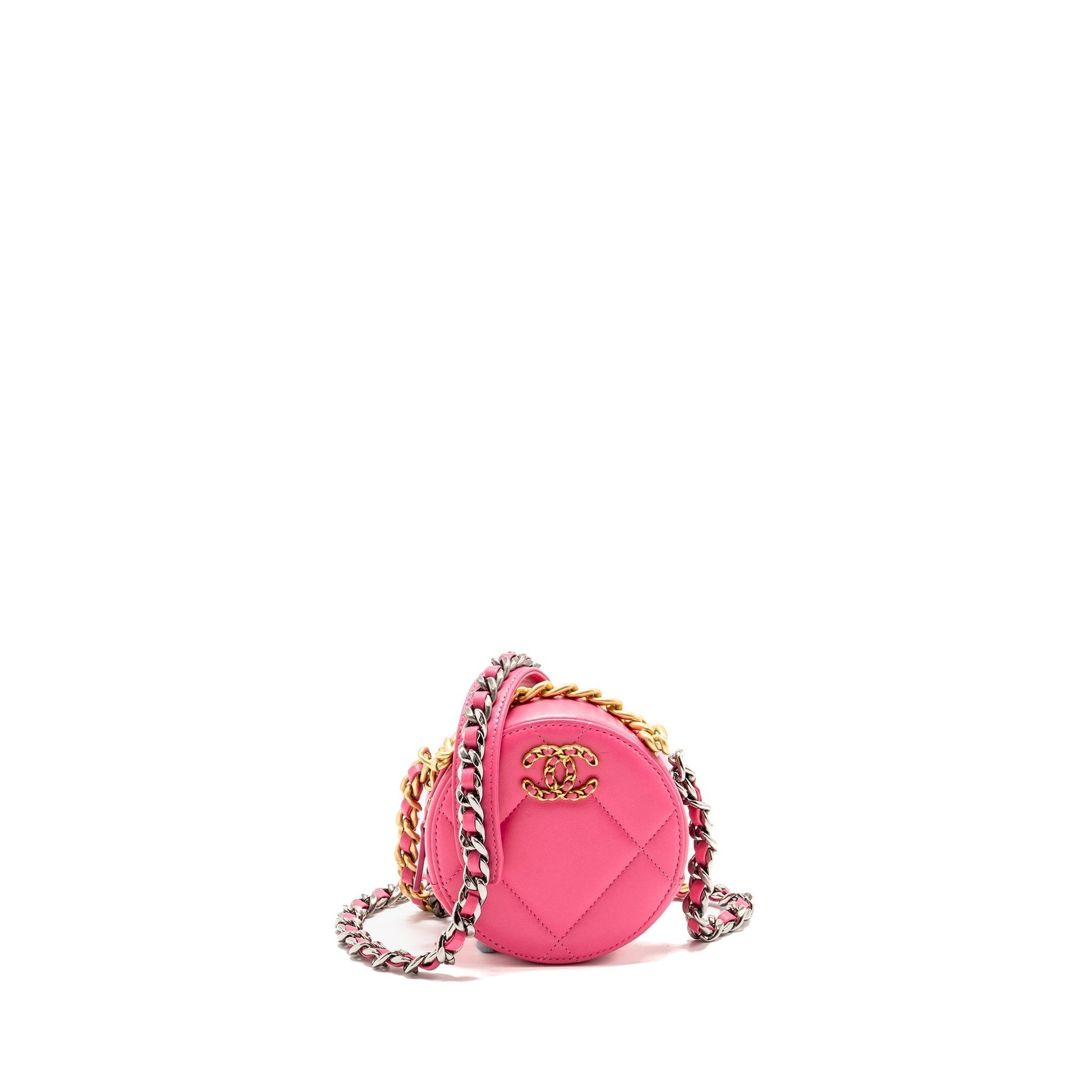 Chanel 19 Round Lambskin Hardware Microchip Multicolour Pink Clutch Bag
