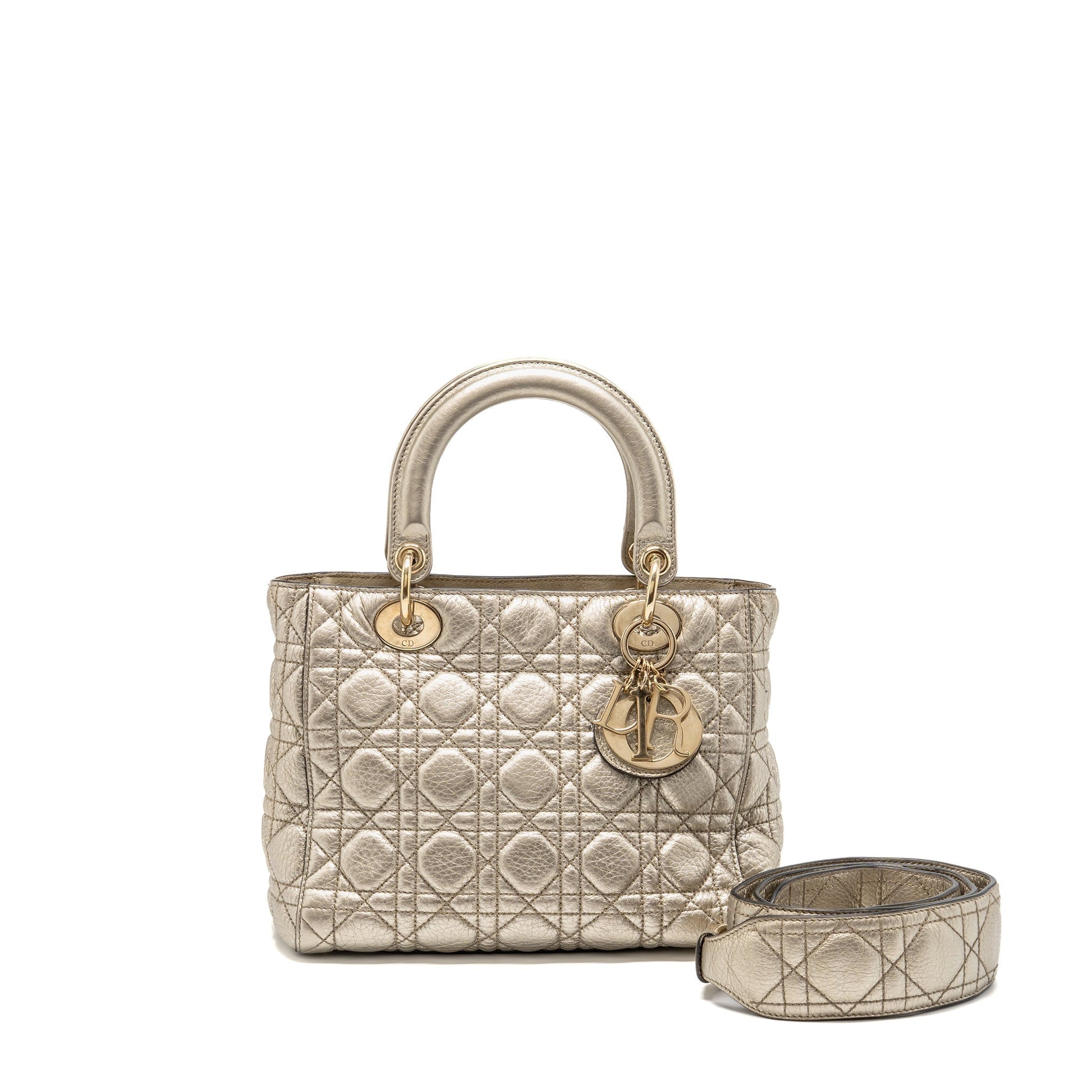 Dior Lady Cannage Calfskin Metallic Handbag Gold Medium Travel Bag