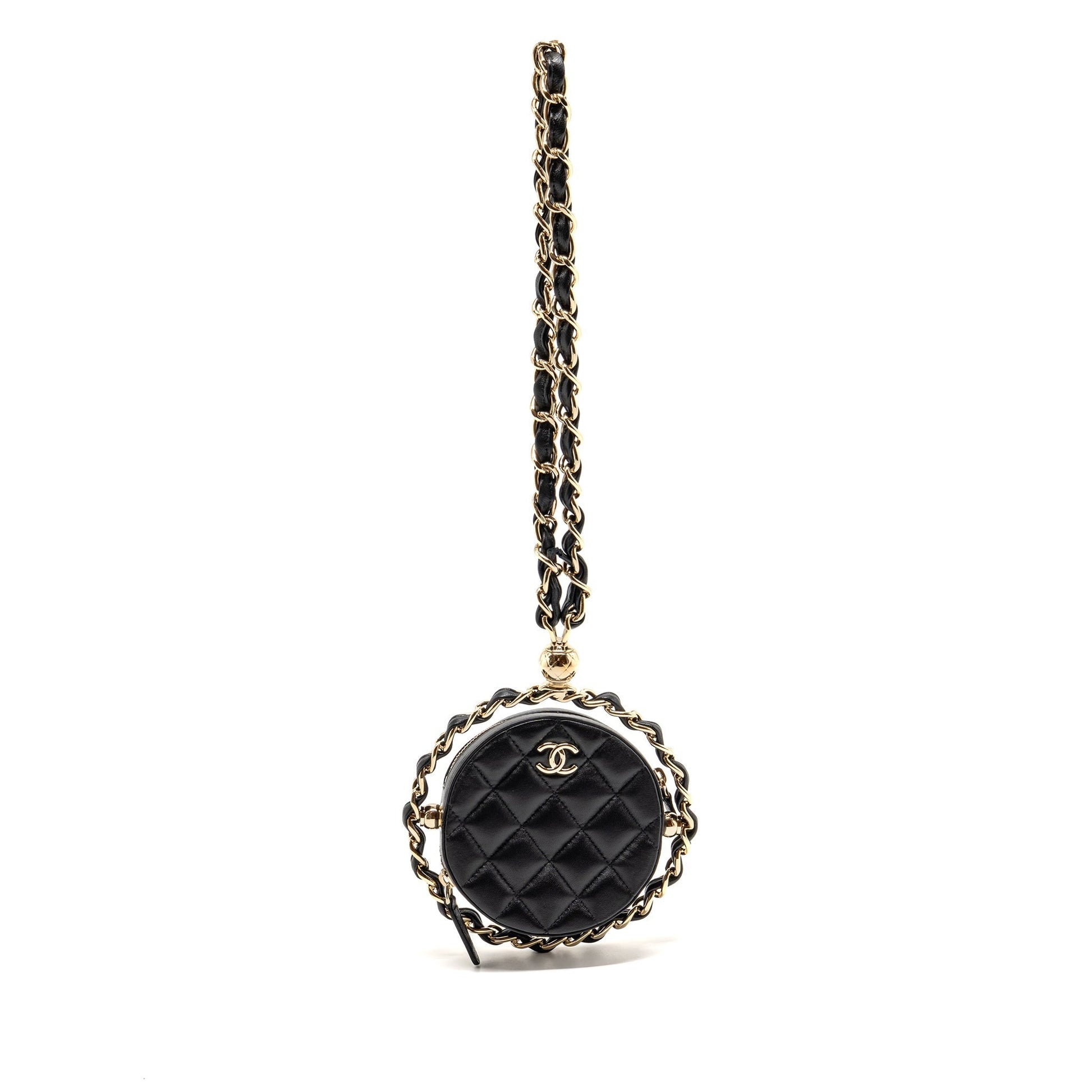 Chanel 22C Round Lambskin LGHW Black Clutch Bag