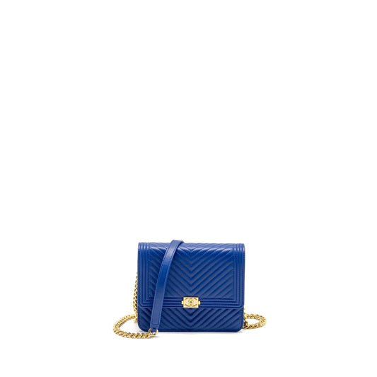 Chanel Boy Chervon Lambskin GHW Blue Clutch Bag