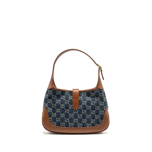 Gucci Jackie Small Shoulder Bag Blue Leather Denim Brown Ghw