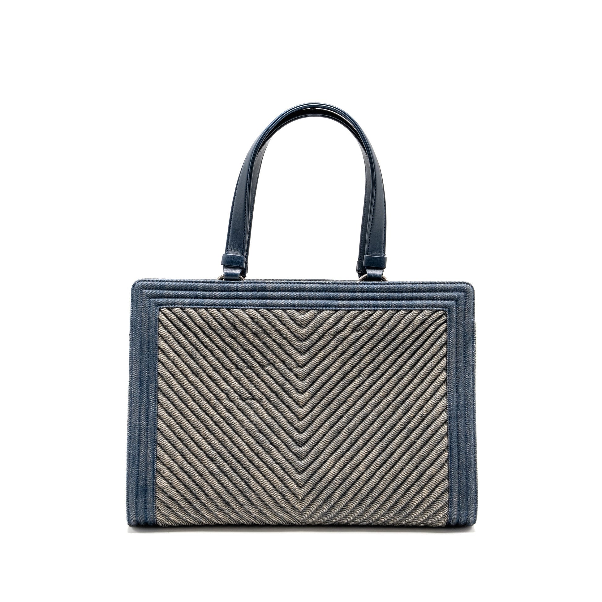 Chanel 15P Boy Chevron Shopping Denim Lambskin Blue Tote Bag