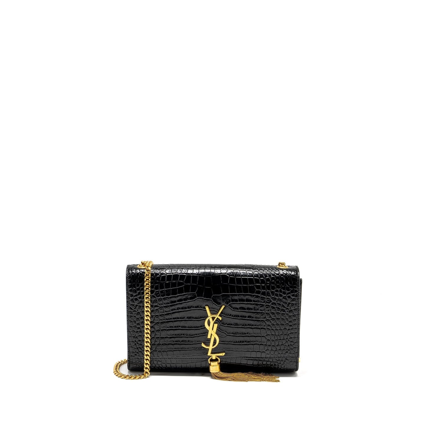 YSL Saint Laurent Kate Tassel Purse Crocodile Embossed Calfskin Travel Black Travel Bag
