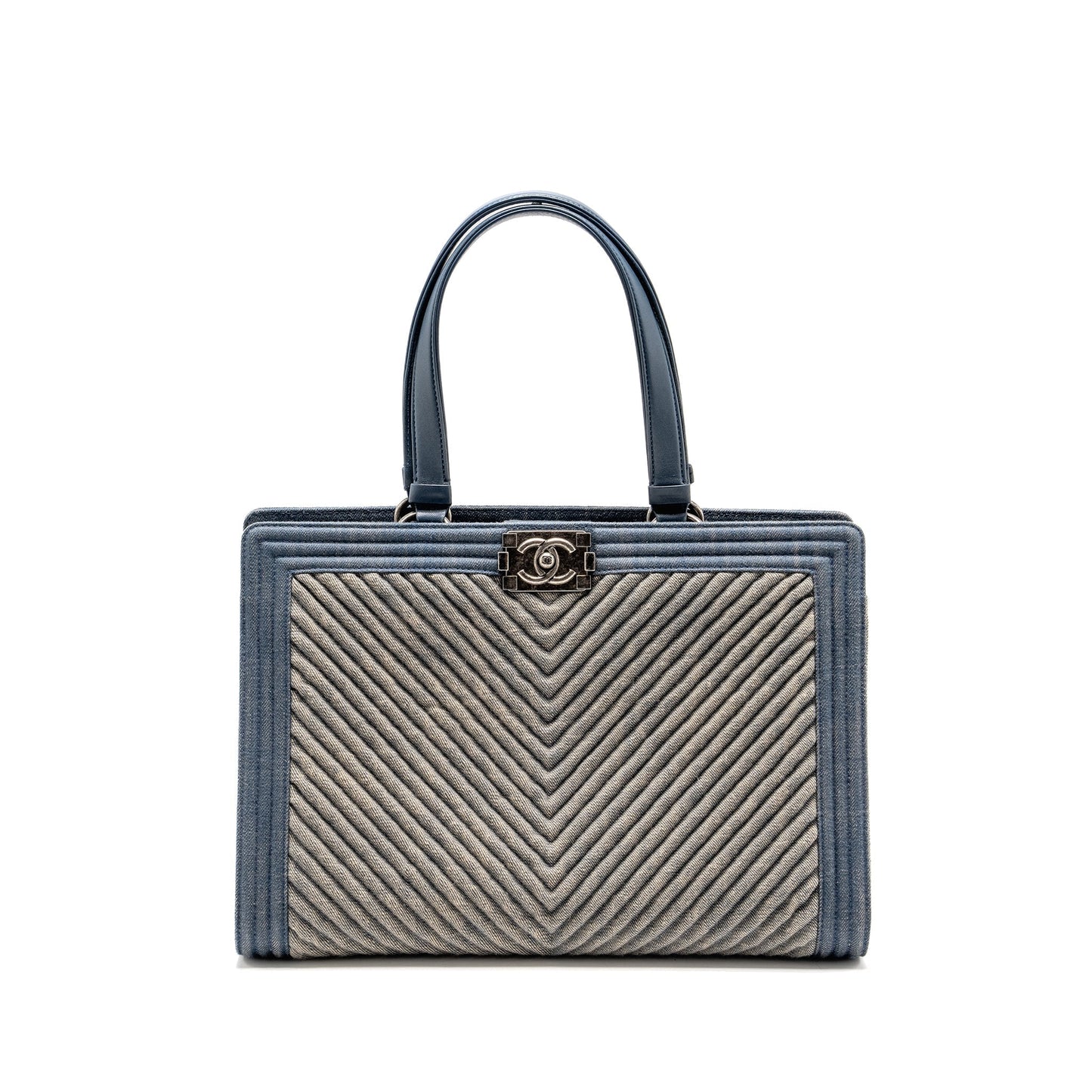Chanel 15P Boy Chevron Shopping Denim Lambskin Blue Tote Bag