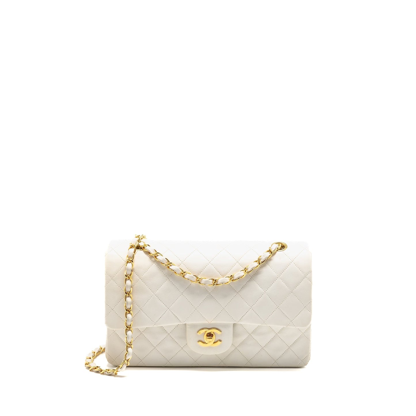 Chanel Classic Double Flap Lambskin GHW White Shoulder Bag Lambskin Ghw
