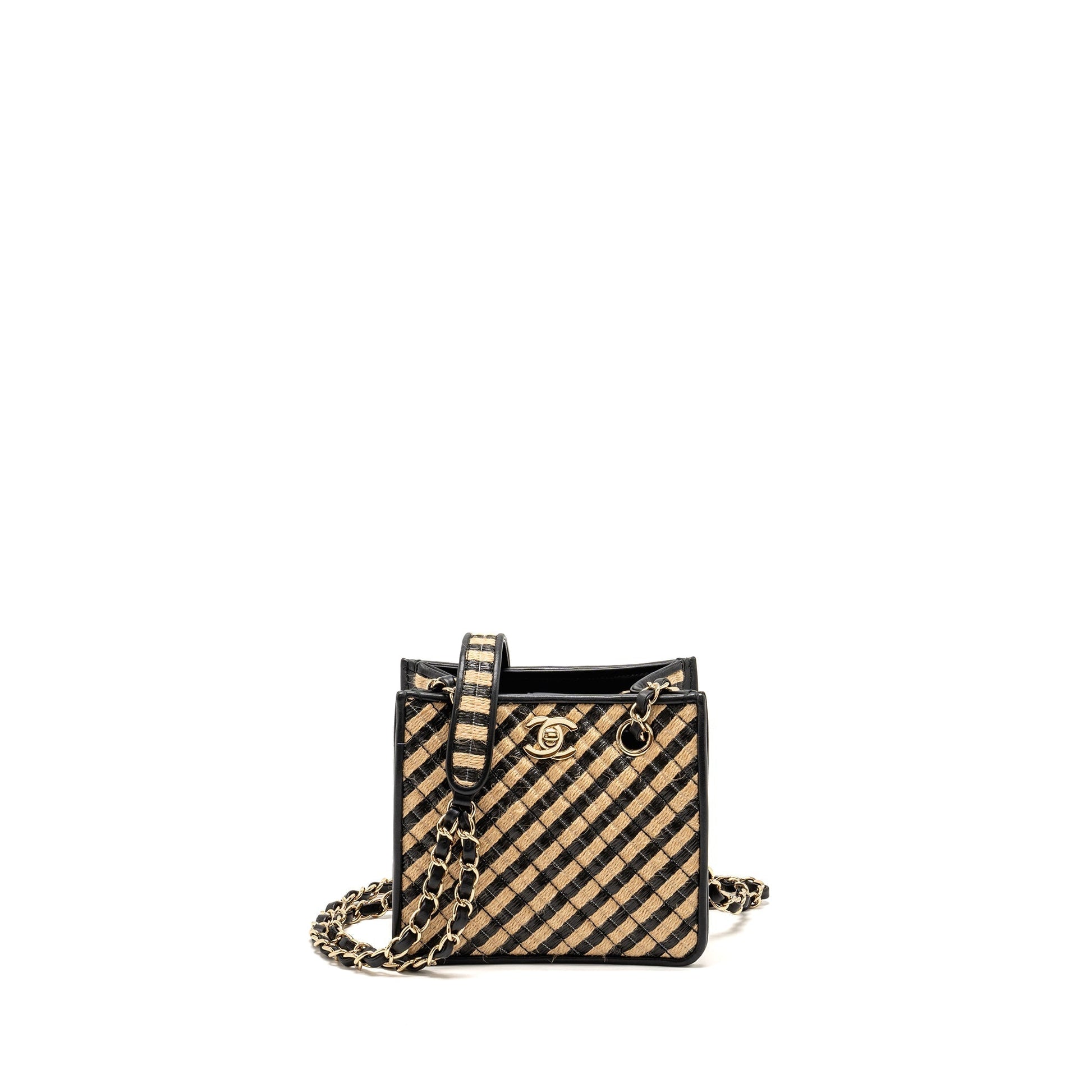 Chanel Urban Jungle Bucket Raffia LGHW Black Beige Leather Bucket Bag
