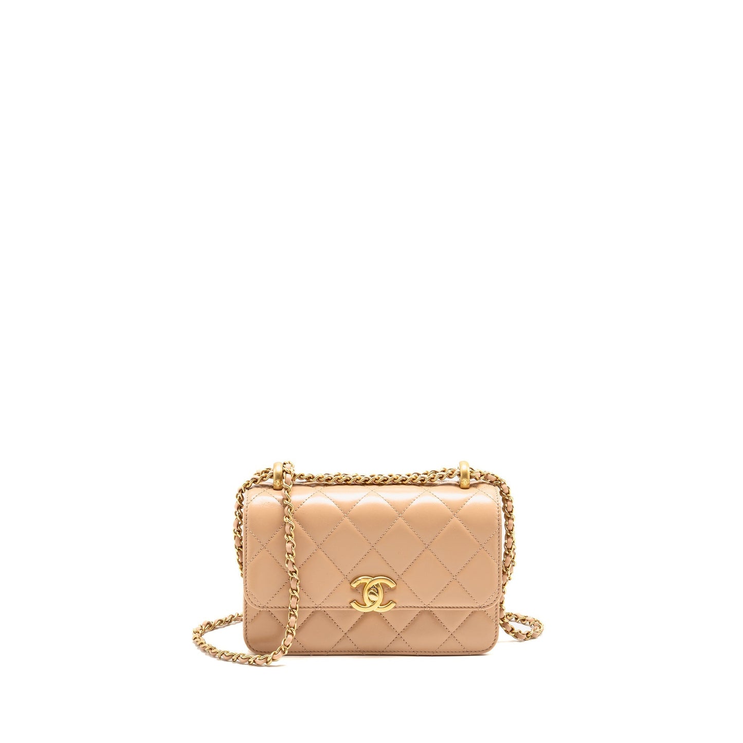 Chanel Crush Flap Calfskin GHW Microchip Gold Beige Shoulder Bag