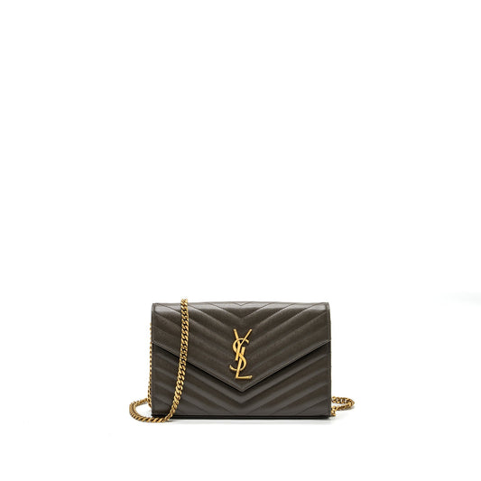 YSL Saint Laurent Envelop Purse Grained Calfskin Dark Travel Bag Green Chain