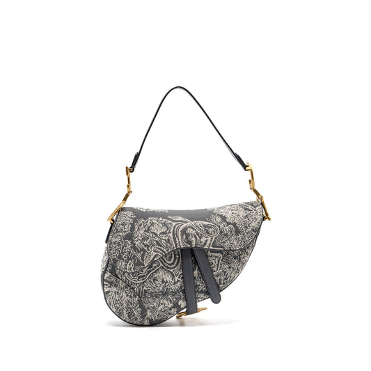 Dior Saddle Purse Toile De Jouy Grey Handbag Leather Canvas Travel Bag