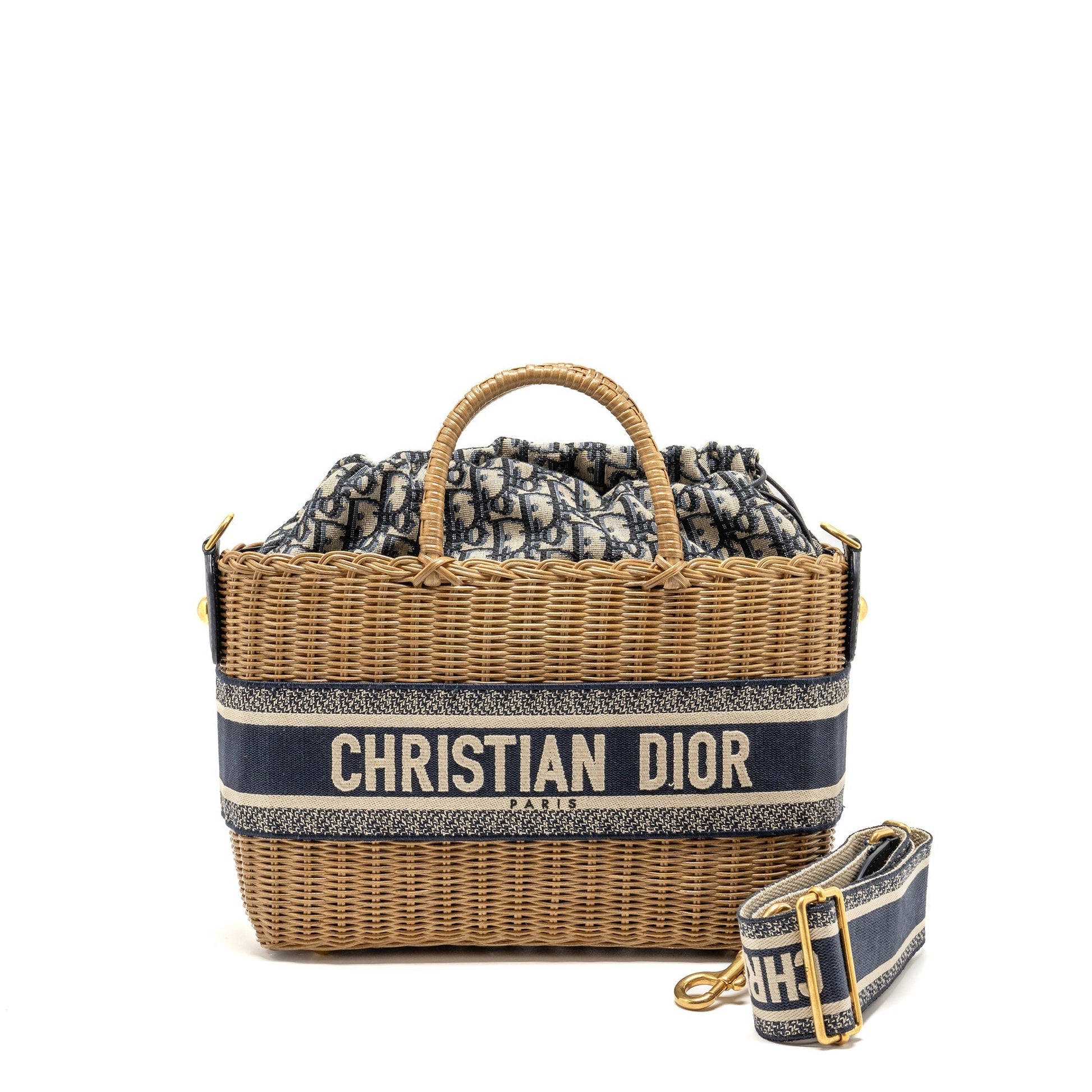 Dior Wicker Basket Purse Oblique Jacquard Handbag Blue Mini Travel Bag