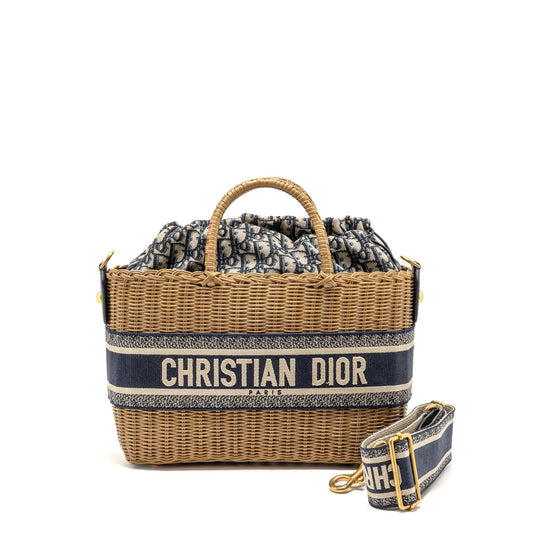 Dior Wicker Basket Purse Oblique Jacquard Handbag Blue Mini Travel Bag