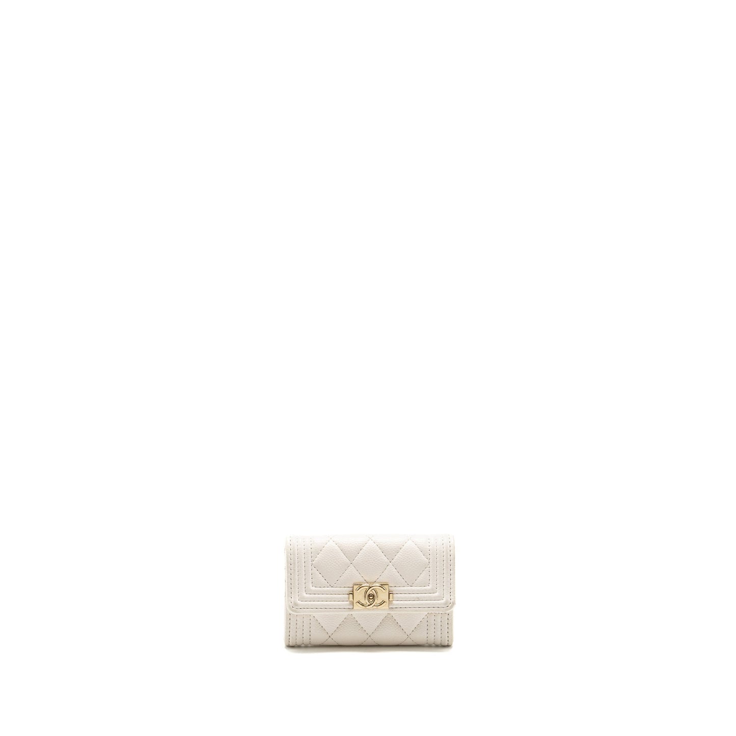 Chanel Boy Flap Card Holder Caviar LGHW White Wallet Case