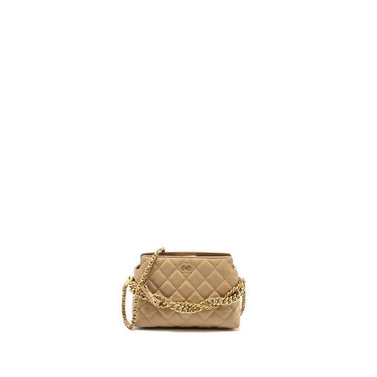 Chanel CC Logo Quilted Caviar GHW Microchip Beige Clutch Bag