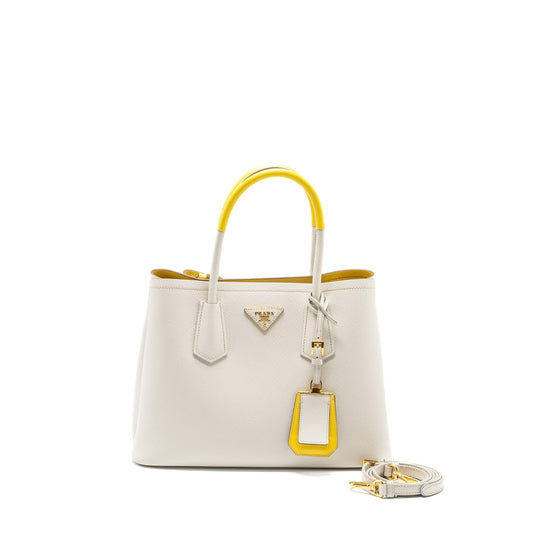 Prada Saffiano Cuir Tote Purse Calfskin Yellow Handbag White Small Tote Bag
