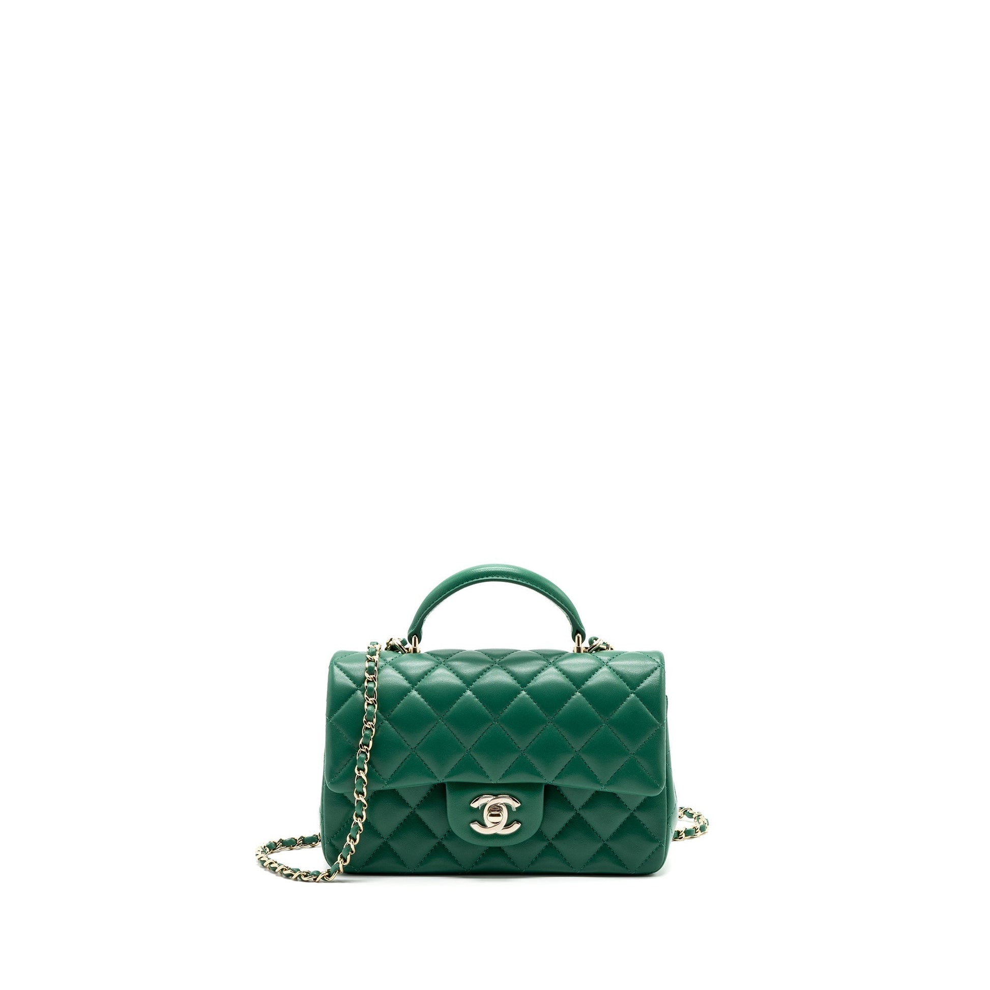 Chanel Top Handle Flap Lambskin LGHW Microchip Green Shoulder Bag