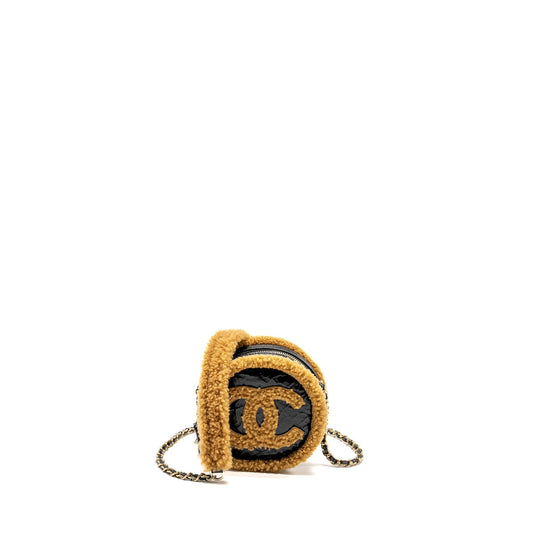 Chanel Shearling CC Round Shiny Crumpled Sheepskin Black Brown Clutch Bag