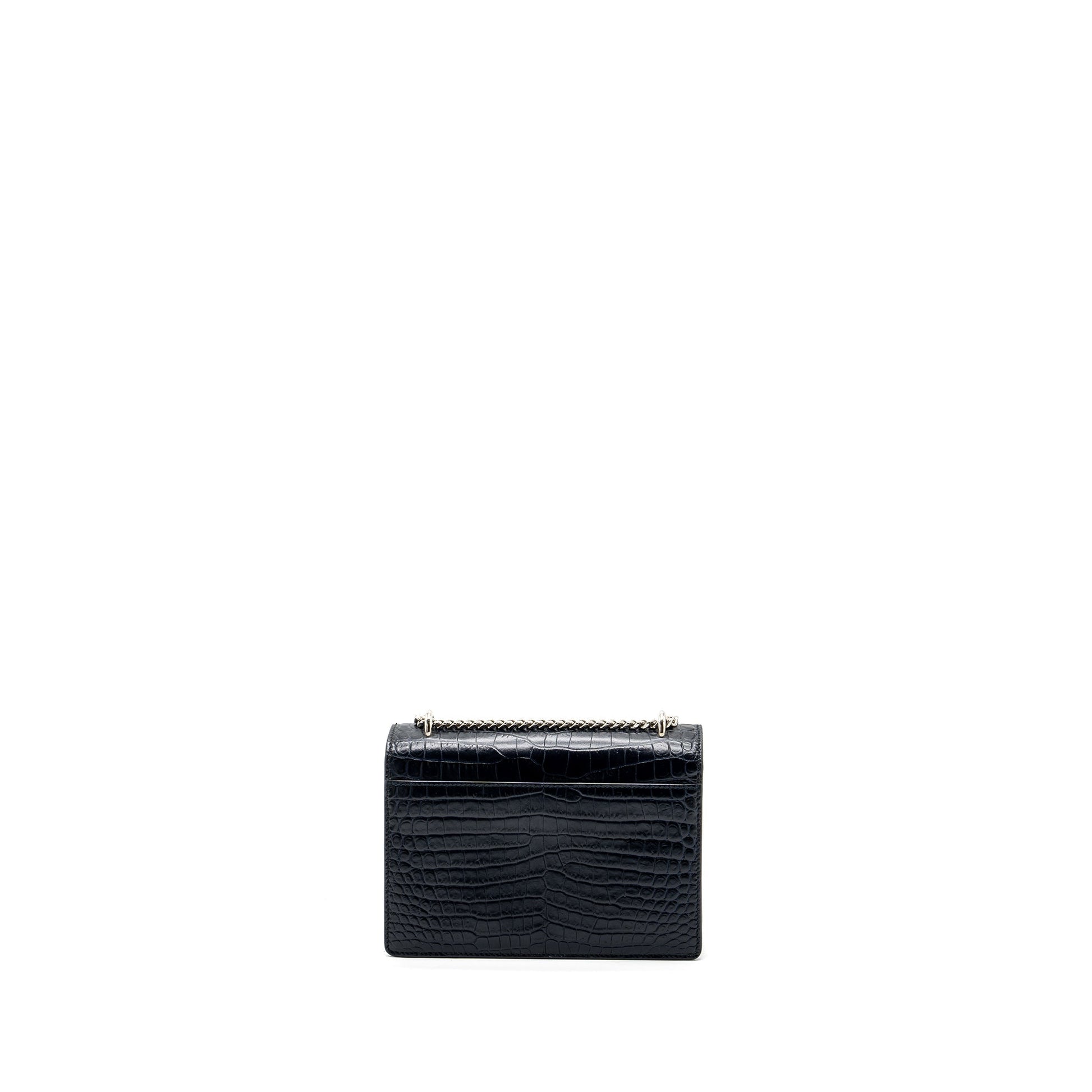 YSL Saint Laurent Sunset Purse Crocodile Embossed Calfskin Navy Travel Mini Travel Bag