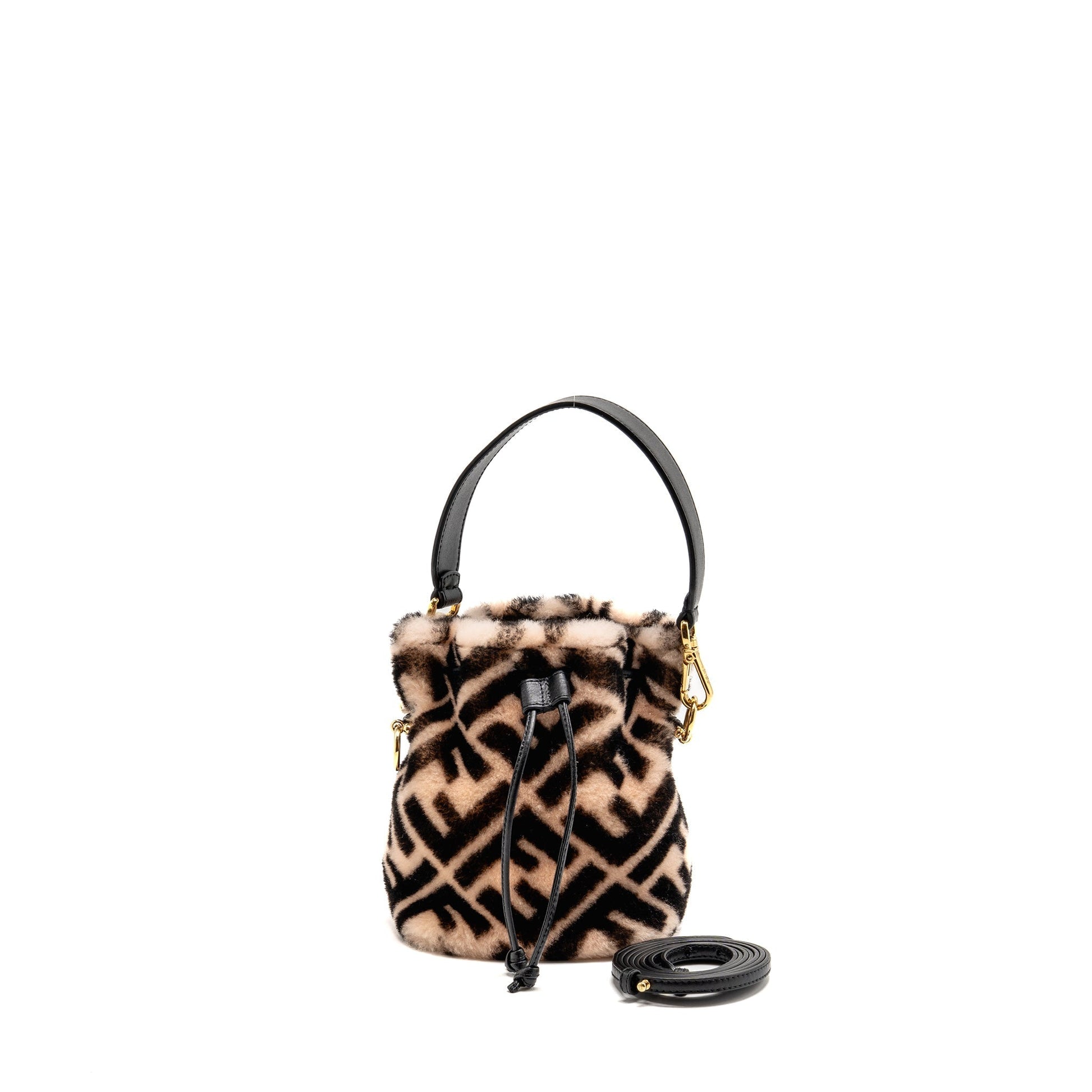 Fendi Mon Tresor Purse Shearling Zucca Black Pink Bucket Bucket Bag