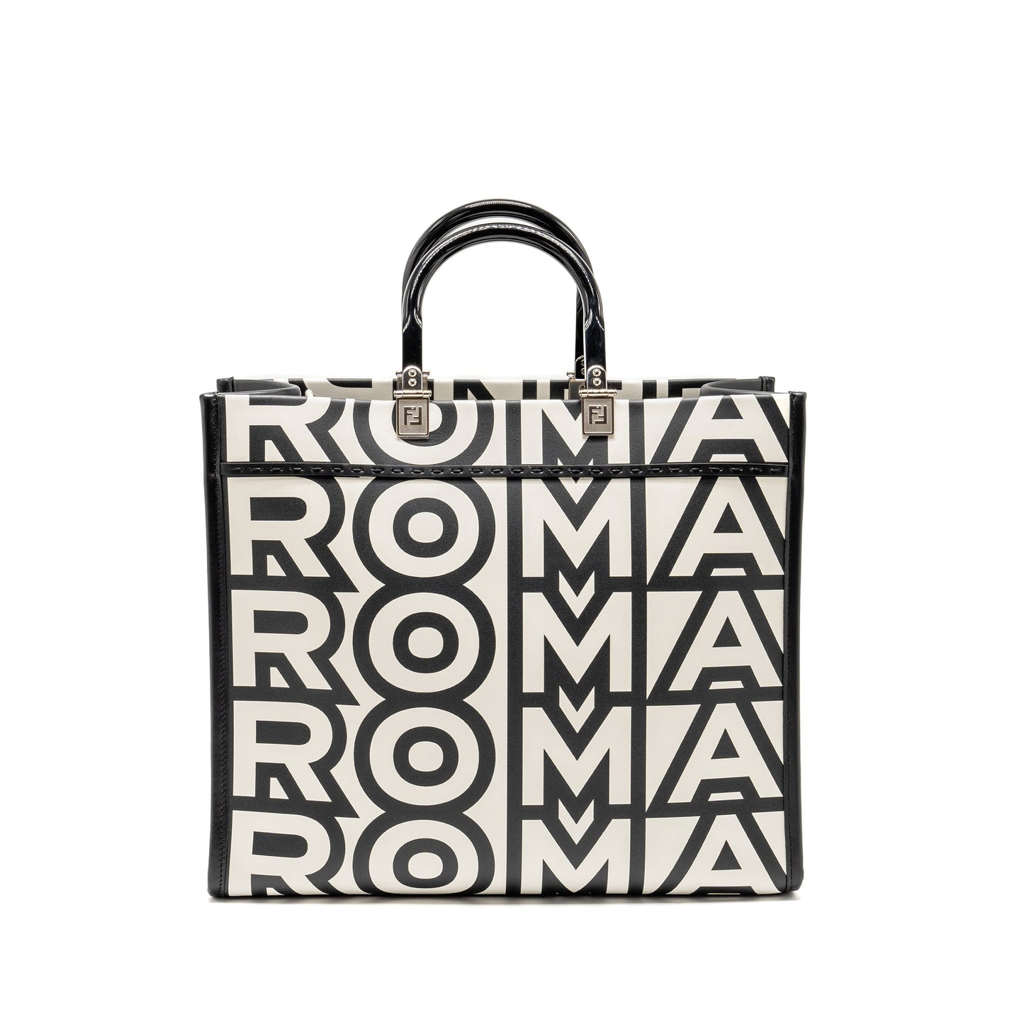 Fendi Sunshine Roma Shopping Purse Calfskin Black White Medium Tote Bag