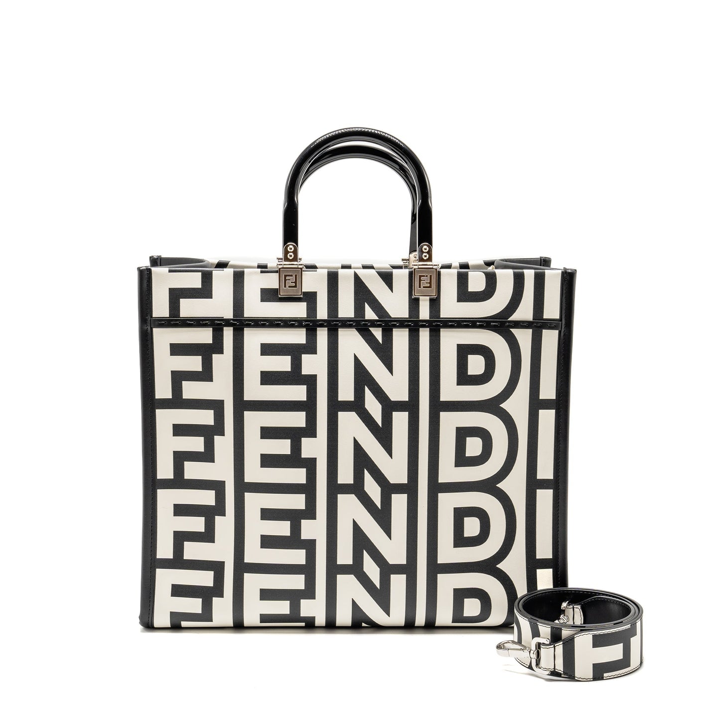Fendi Sunshine Roma Shopping Purse Calfskin Black White Medium Tote Bag