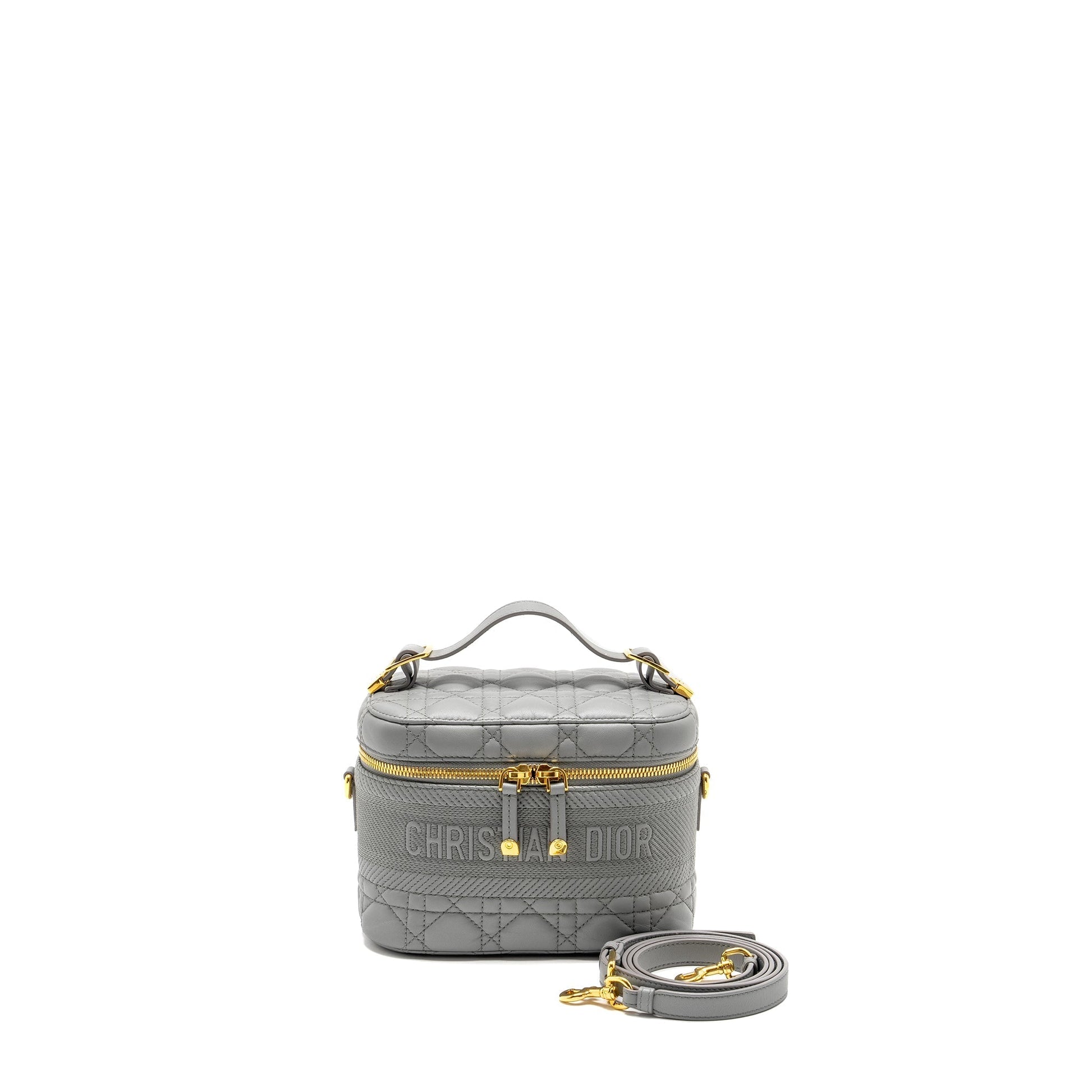 Dior travel Vanity Case Cannage Lambskin Grey Handbag Small Travel Bag