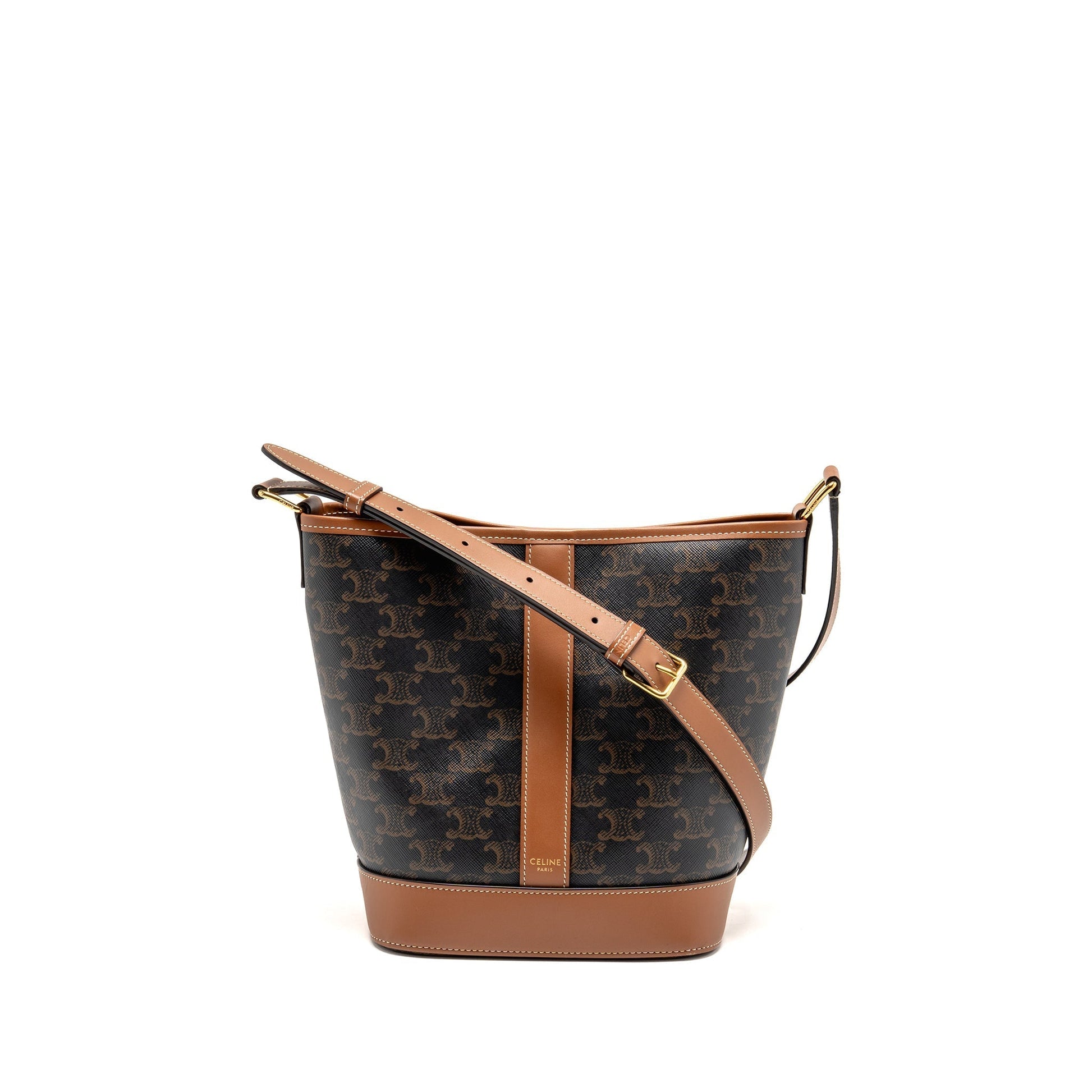 Celine Bucket Purse Triomphe Calfskin Handbag Canvas Tan Bucket Bag