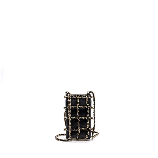 Chanel O Phone Holder Lambskin LGHW Black Gold Clutch Bag