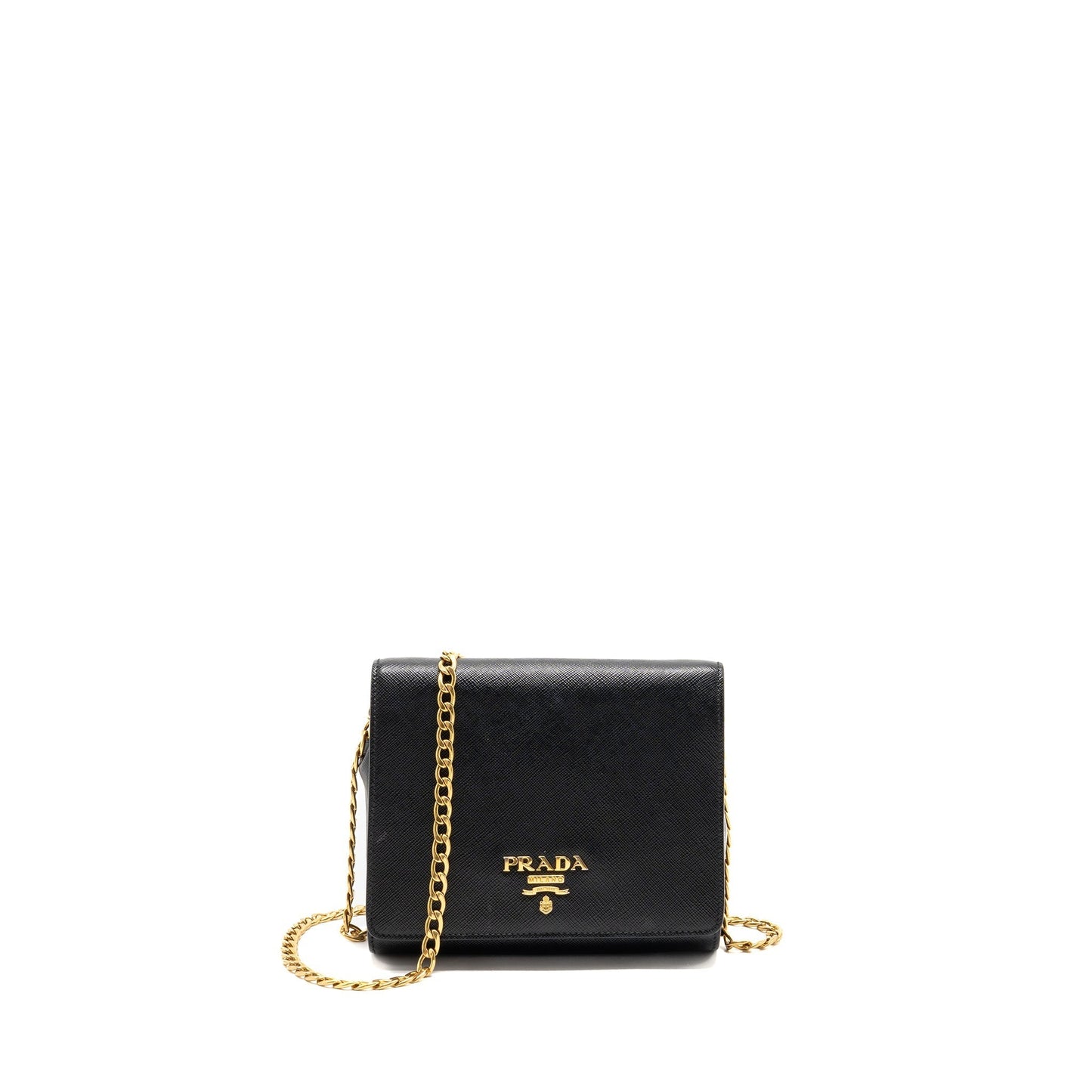 Prada Saffiano Purse Calfskin Handbag Black Chain Travel Bag