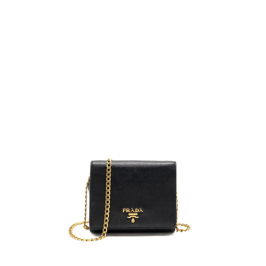 Prada Saffiano Purse Calfskin Handbag Black Chain Travel Bag
