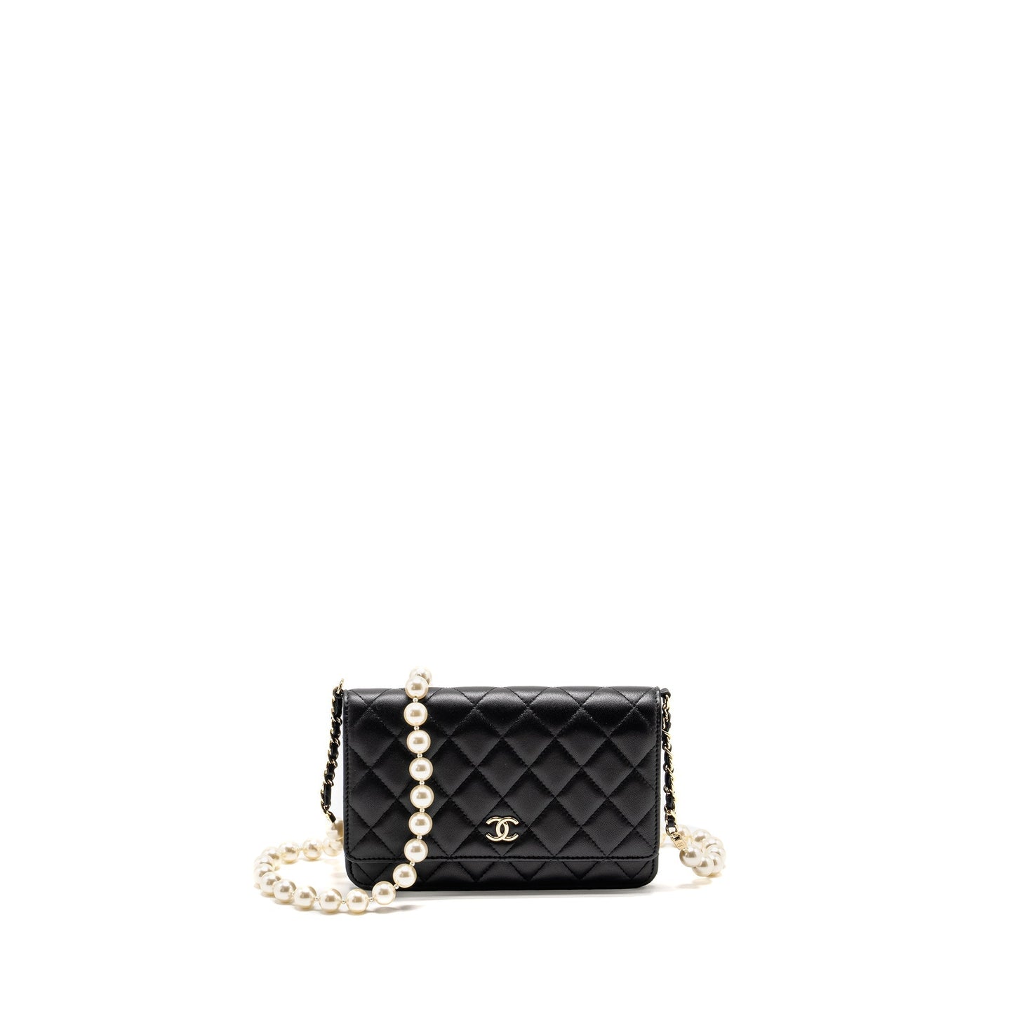 Chanel On Pearl Lambskin LGHW Microchip Black Wallet Case