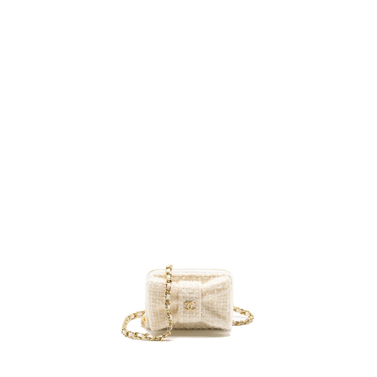 Chanel Bow Card Holder Tweed LGHW Microchip White Wallet Case Lghw Microchip