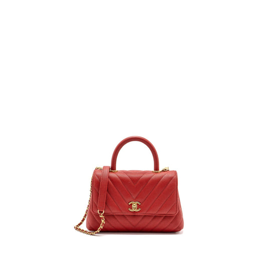 Chanel Coco Handle Chevron Caviar Brushed GHW Red Small Handbag