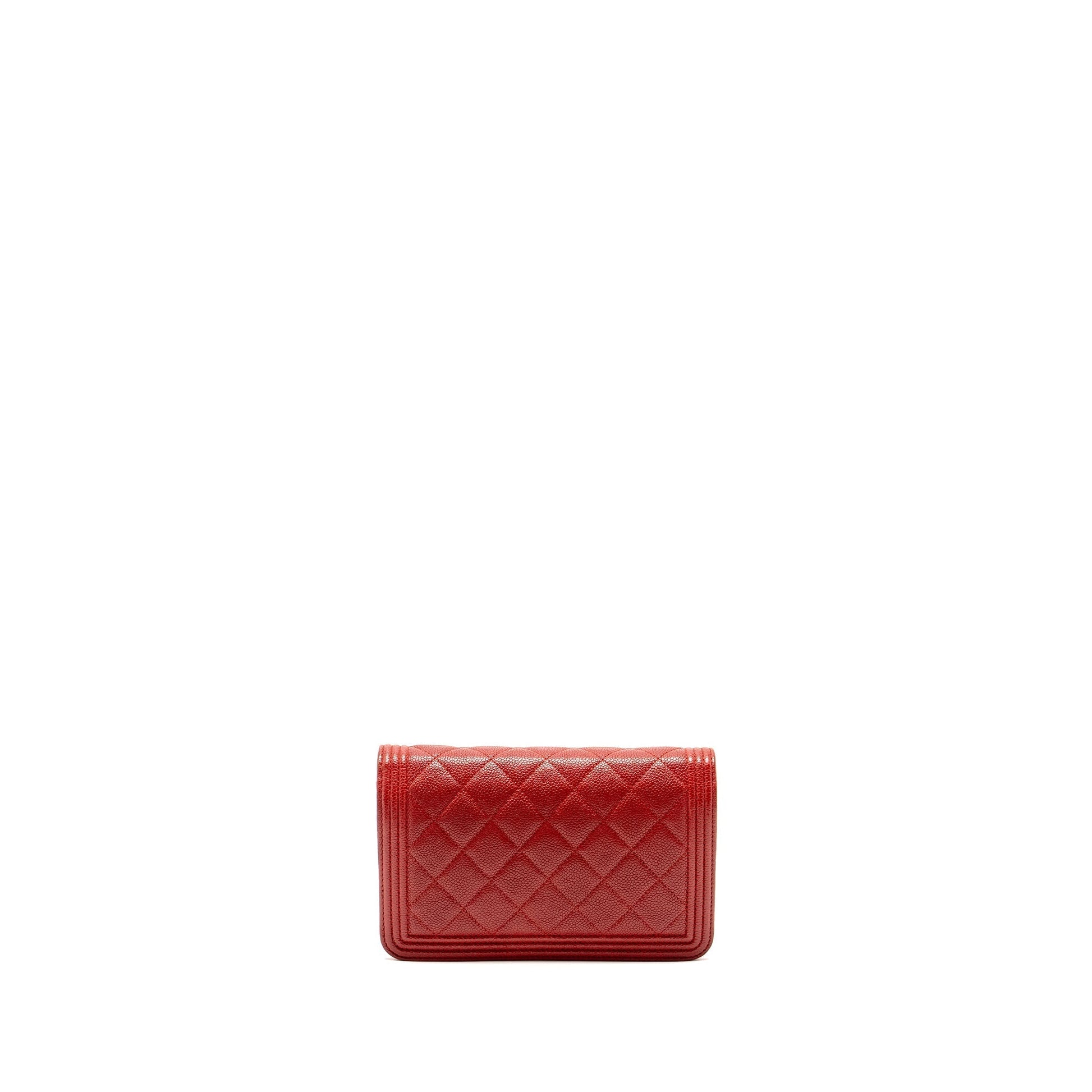 Chanel Boy On Caviar Ruthenium Hardware Red Silver Wallet Case