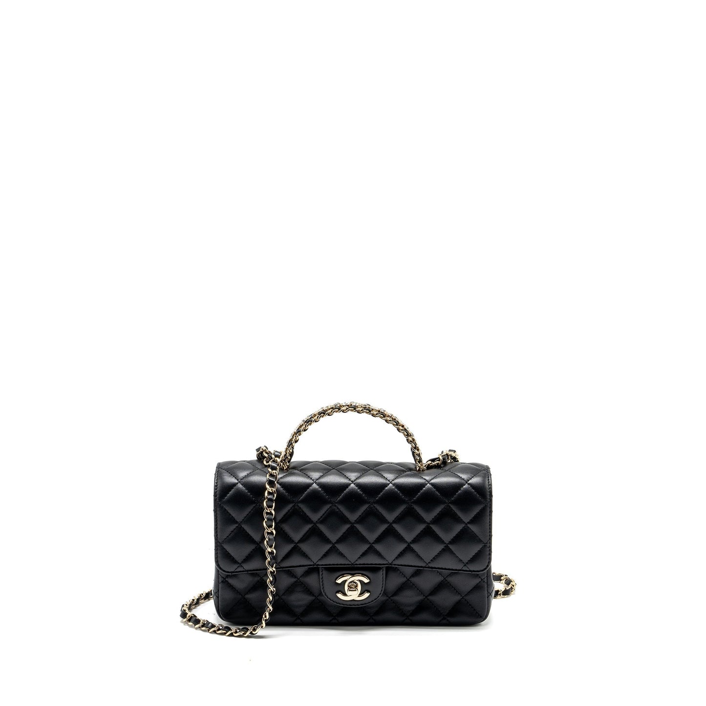Chanel Crystal Detailed Top Handle Flap Lambskin Black Shoulder Bag