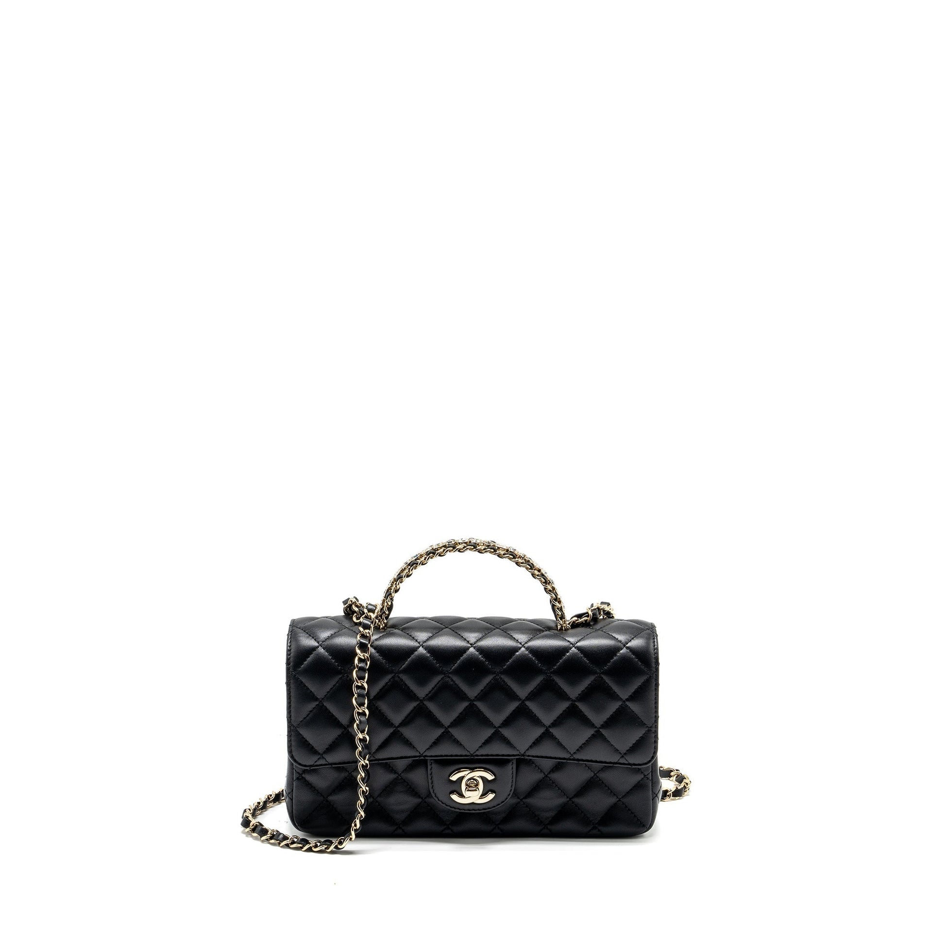Chanel Crystal Detailed Top Handle Flap Lambskin Black Shoulder Bag